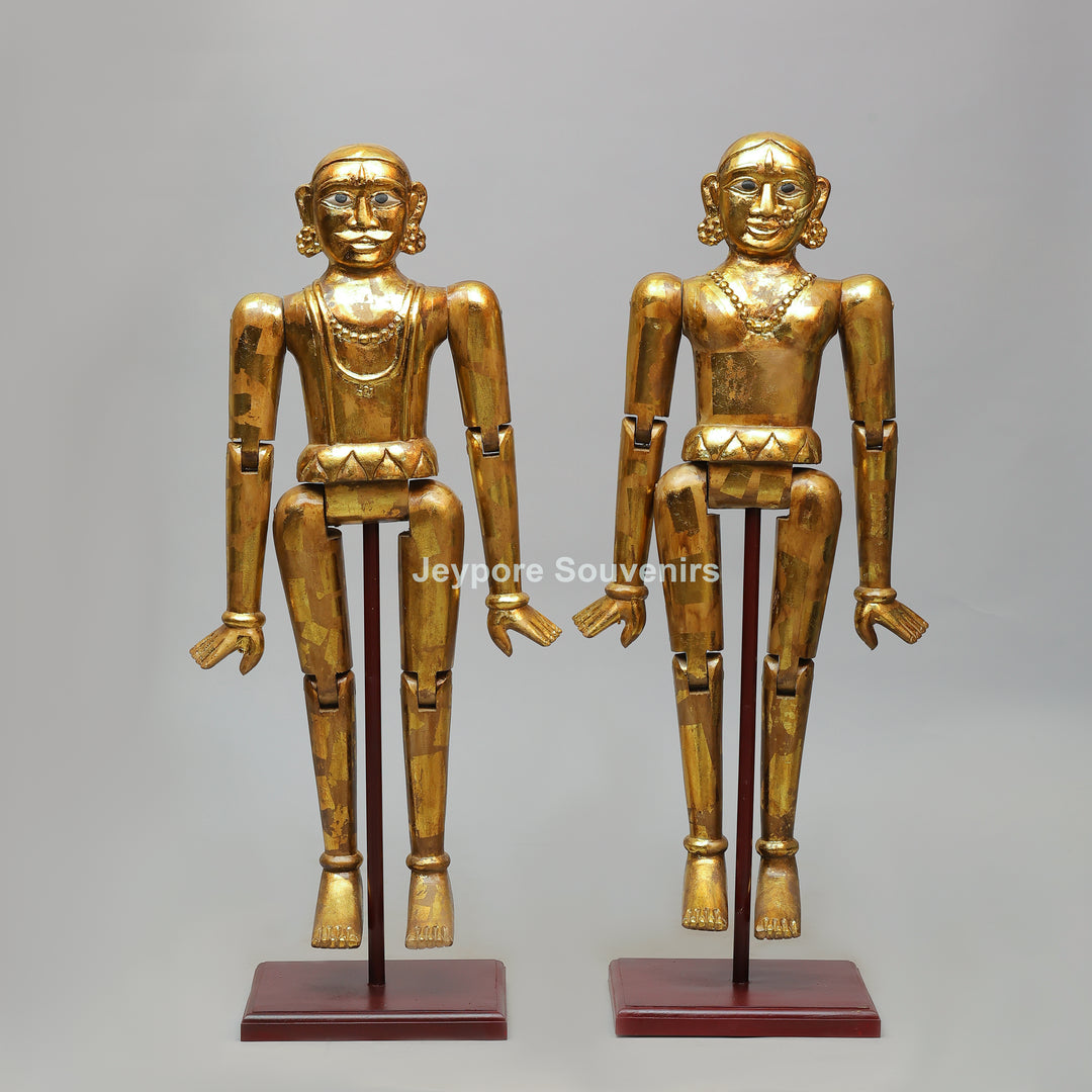 Handcrafted Antique Gold Wooden Puppet Figures Set