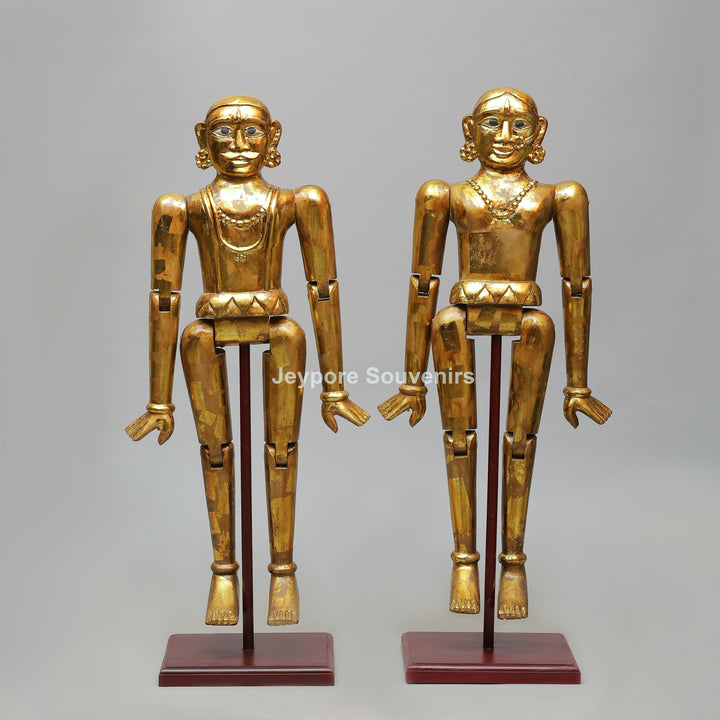 Handcrafted Antique Gold Wooden Puppet Figures Set