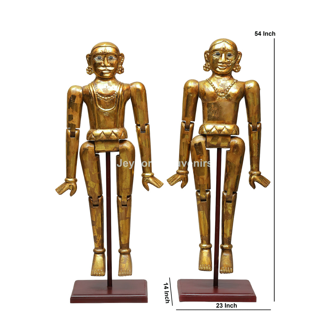 Handcrafted Antique Gold Wooden Puppet Figures Set