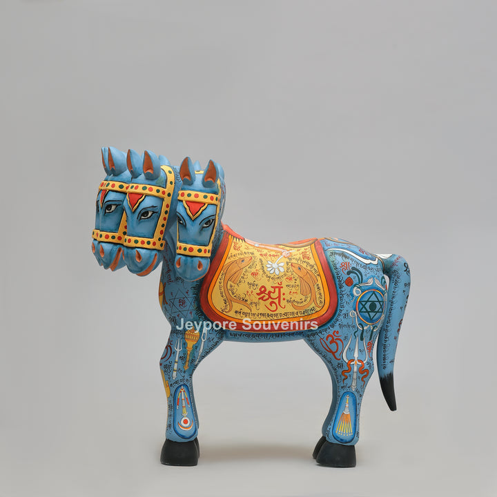 Hand-Painted Rajasthani Seven-Headed Horse Sculpture