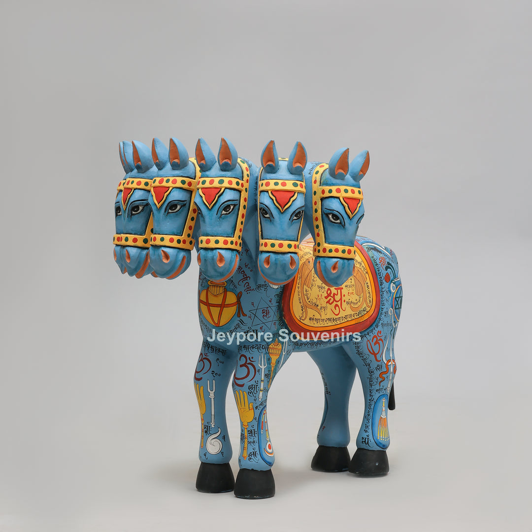 Hand-Painted Rajasthani Seven-Headed Horse Sculpture