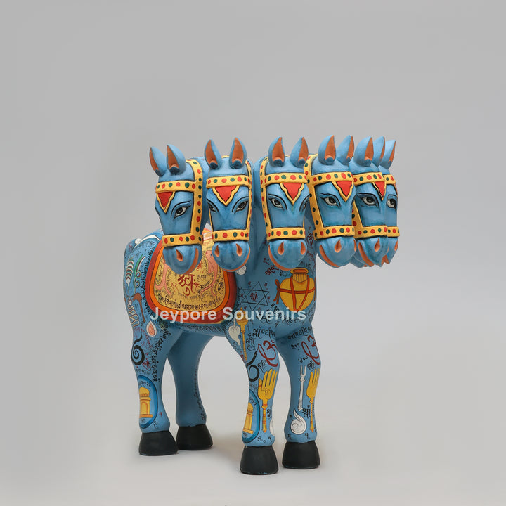 Hand-Painted Rajasthani Seven-Headed Horse Sculpture