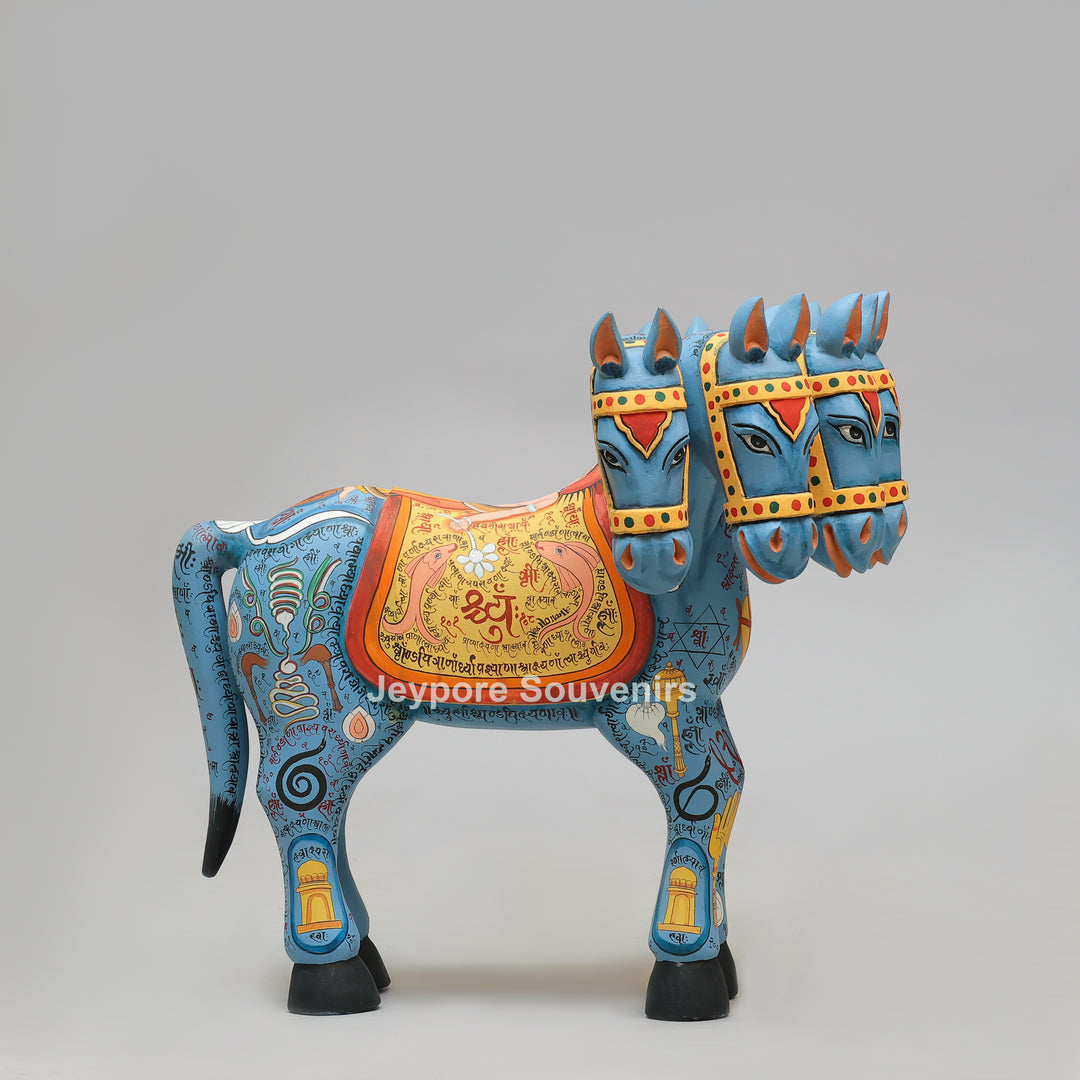 Hand-Painted Rajasthani Seven-Headed Horse Sculpture