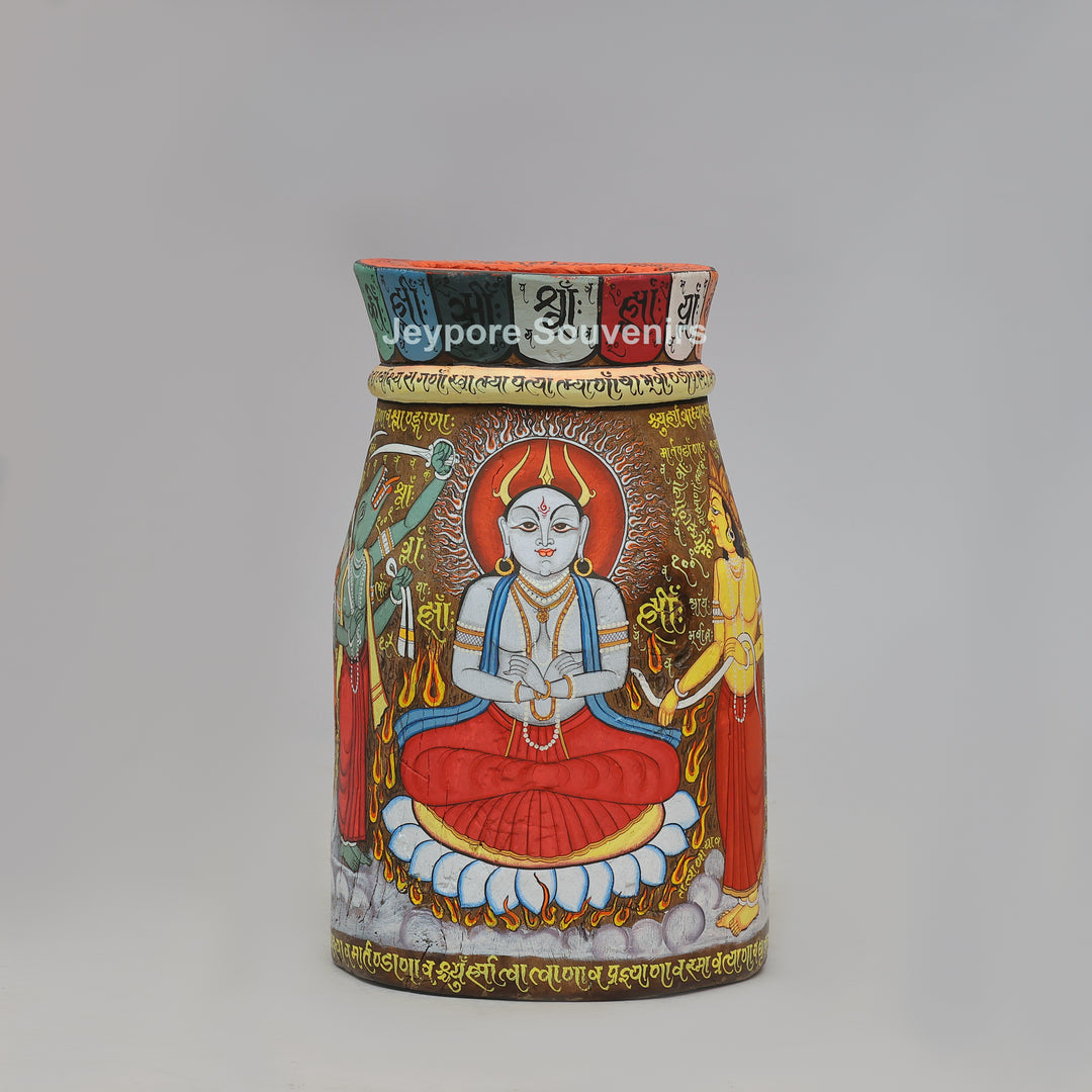Handcrafted Wooden Decorative Pot with Traditional Protector Artwork