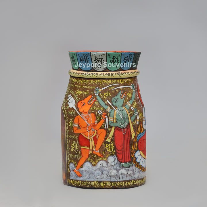 Handcrafted Wooden Decorative Pot with Traditional Protector Artwork