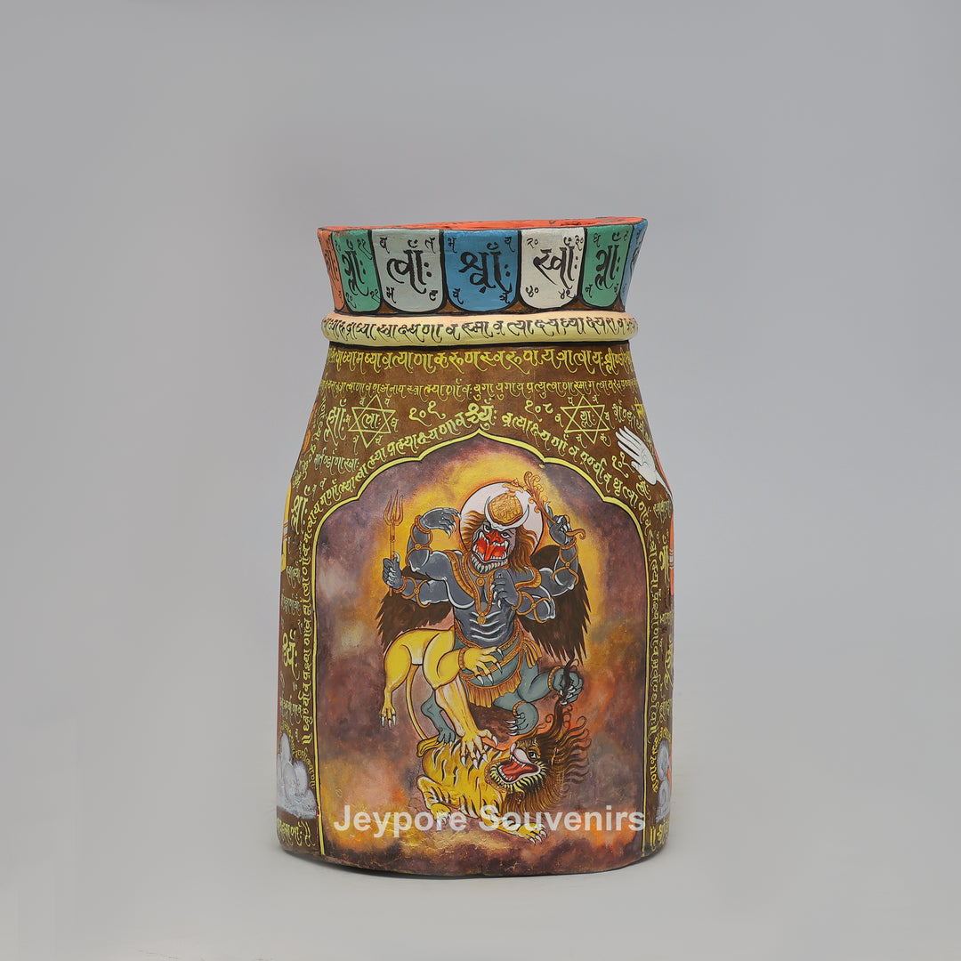 Handcrafted Wooden Decorative Pot with Traditional Protector Artwork