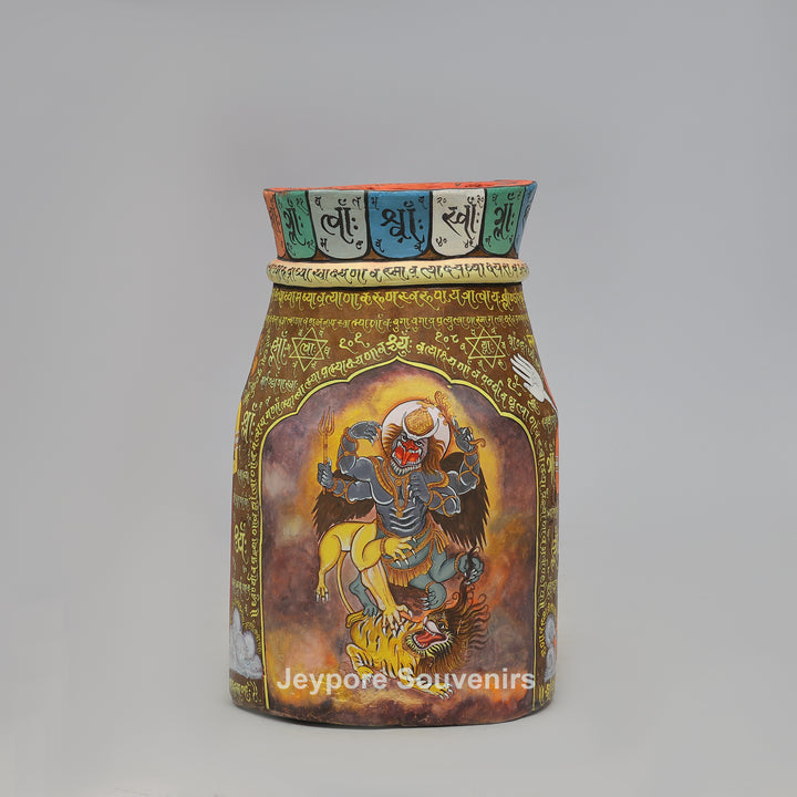 Handcrafted Wooden Decorative Pot with Traditional Protector Artwork