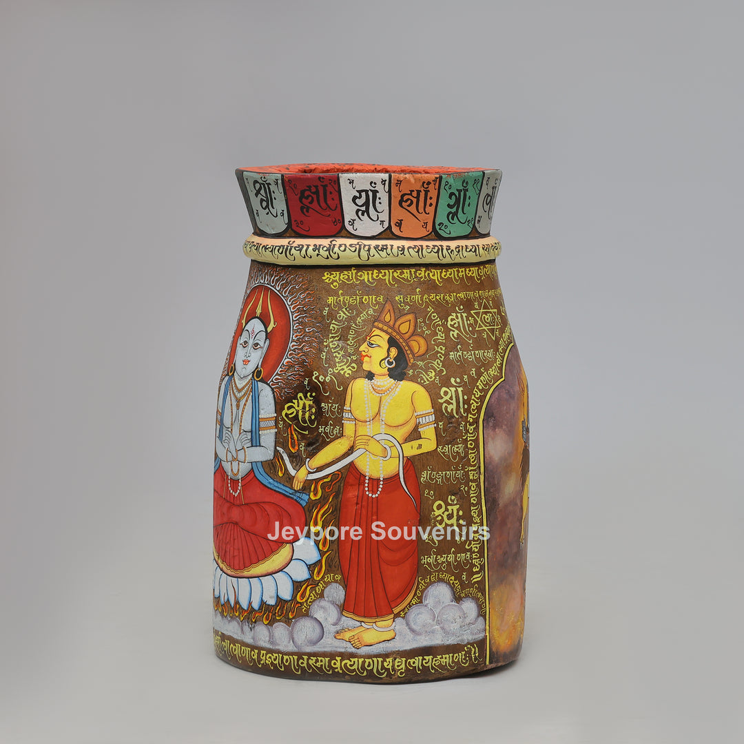 Handcrafted Wooden Decorative Pot with Traditional Protector Artwork