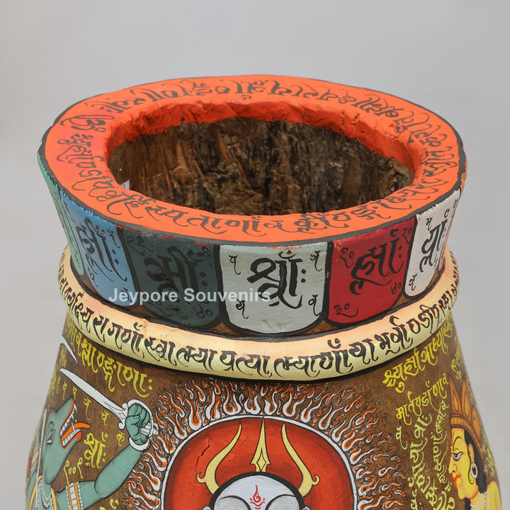 Handcrafted Wooden Decorative Pot with Traditional Protector Artwork