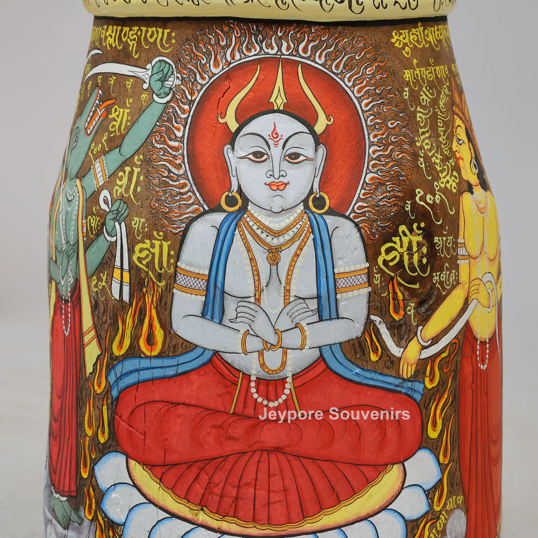 Handcrafted Wooden Decorative Pot with Traditional Protector Artwork