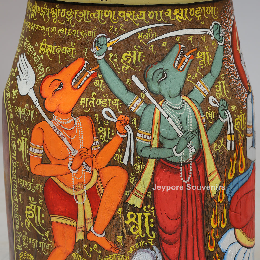 Handcrafted Wooden Decorative Pot with Traditional Protector Artwork