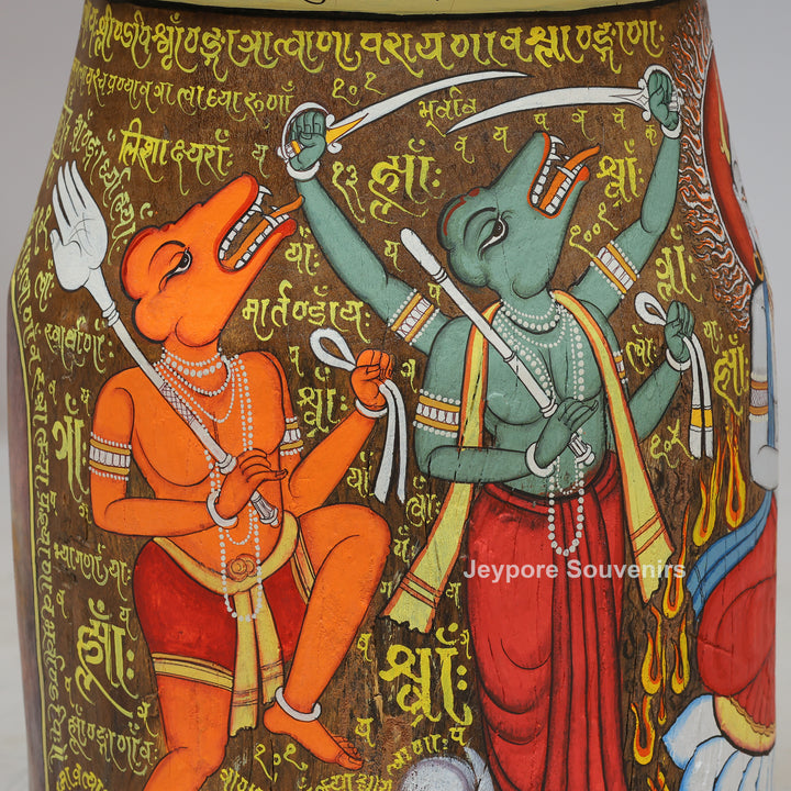 Handcrafted Wooden Decorative Pot with Traditional Protector Artwork