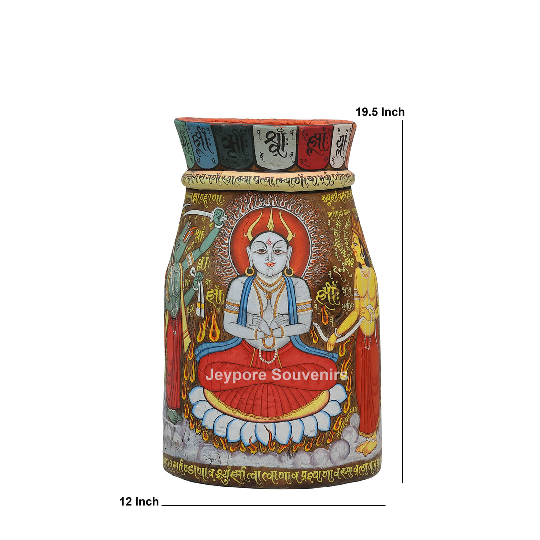 Handcrafted Wooden Decorative Pot with Traditional Protector Artwork