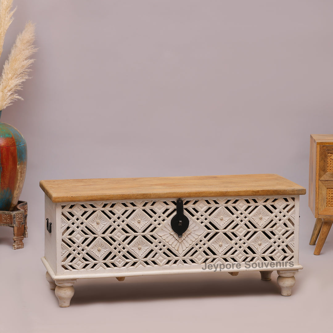 Handcrafted Whitewashed Wooden Trunk Chest with Geometric Carved Front