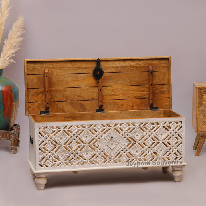 Handcrafted Whitewashed Wooden Trunk Chest with Geometric Carved Front