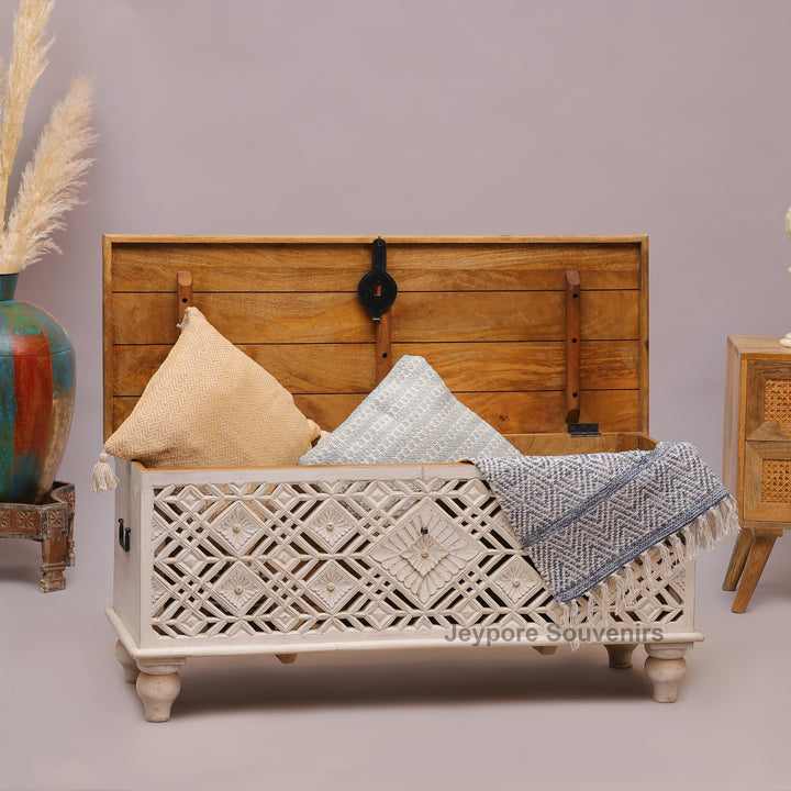 Handcrafted Whitewashed Wooden Trunk Chest with Geometric Carved Front
