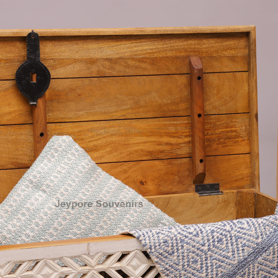 Handcrafted Whitewashed Wooden Trunk Chest with Geometric Carved Front
