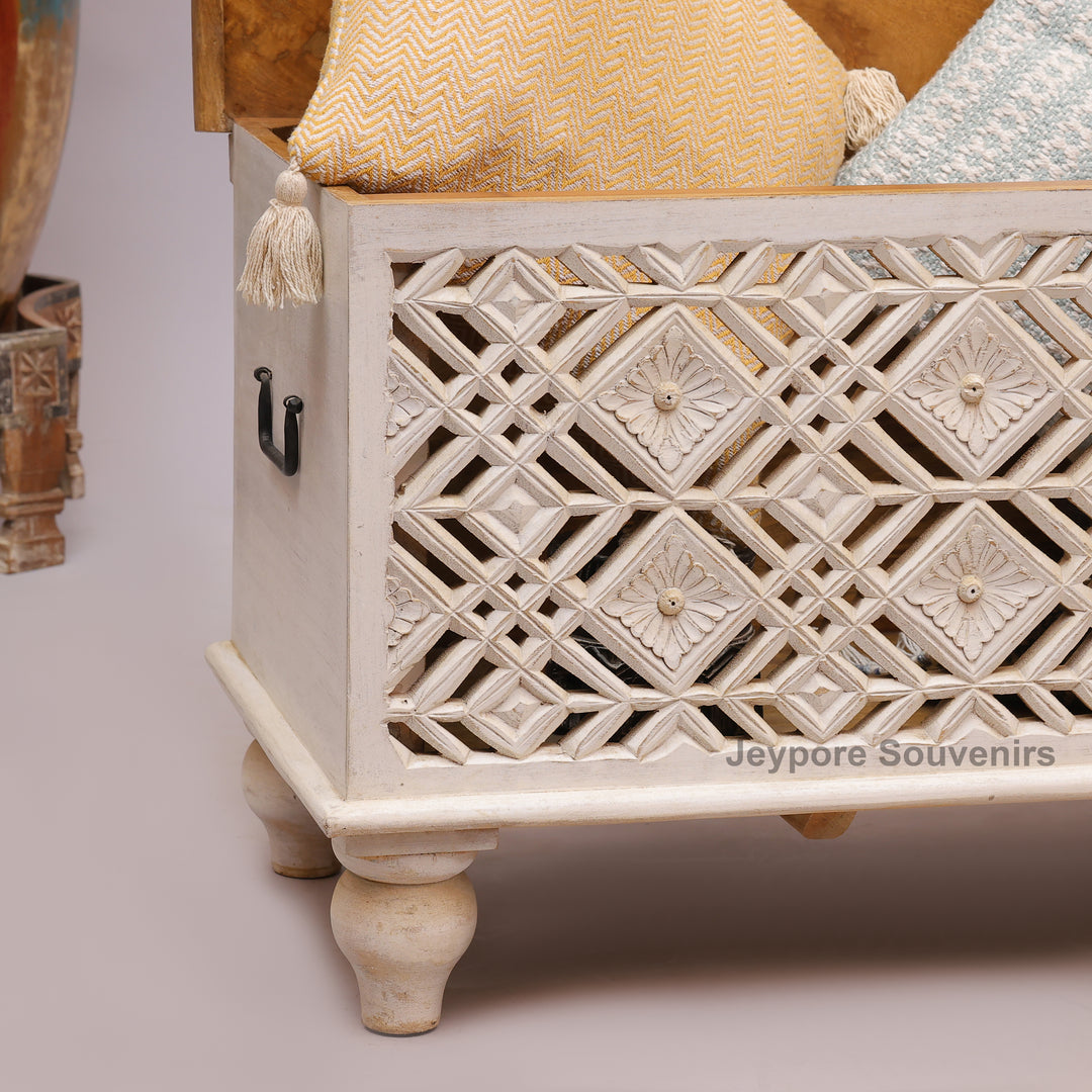 Handcrafted Whitewashed Wooden Trunk Chest with Geometric Carved Front