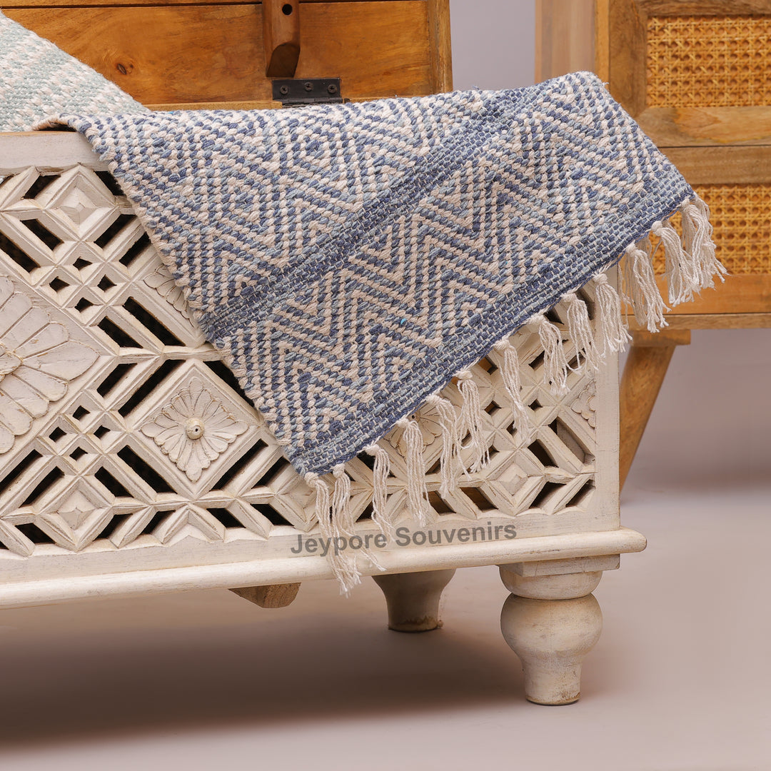 Handcrafted Whitewashed Wooden Trunk Chest with Geometric Carved Front