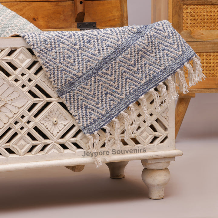 Handcrafted Whitewashed Wooden Trunk Chest with Geometric Carved Front