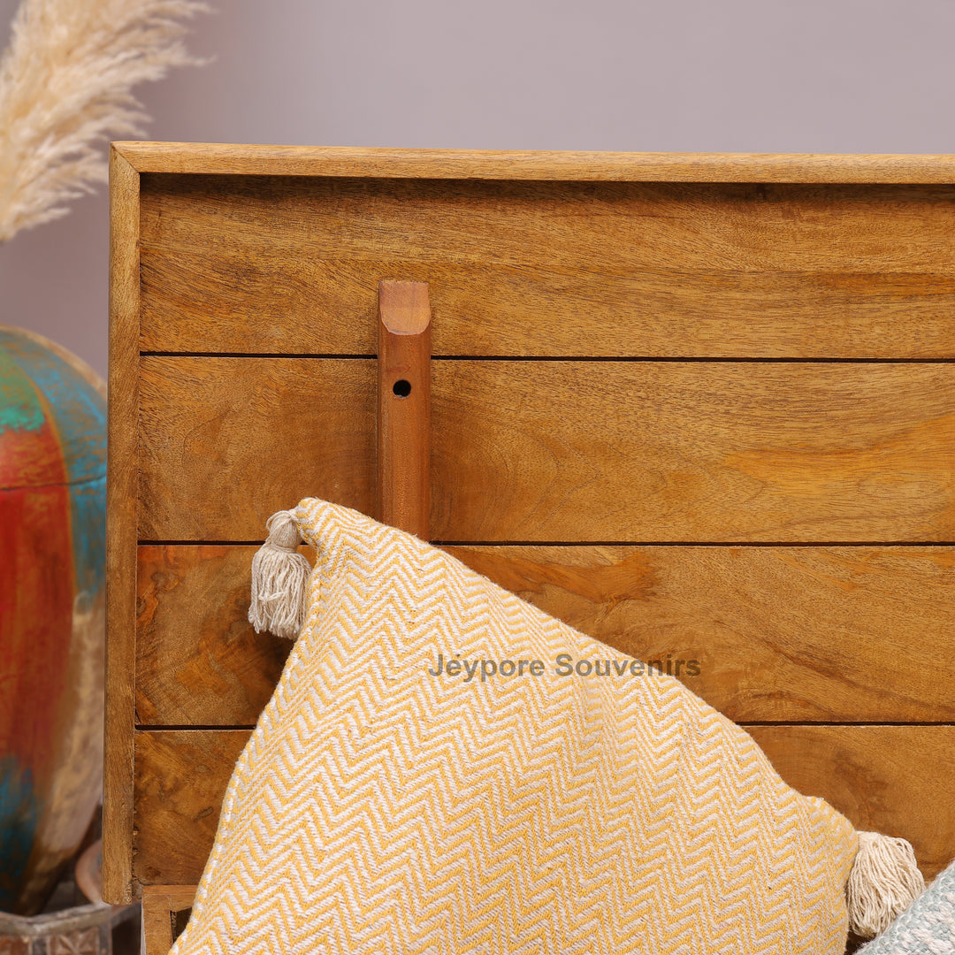 Handcrafted Whitewashed Wooden Trunk Chest with Geometric Carved Front