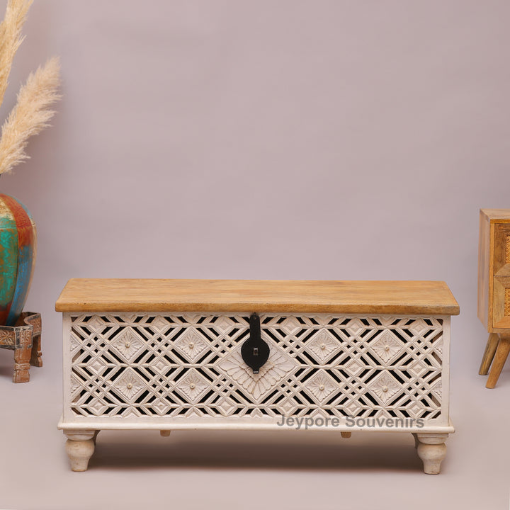 Handcrafted Whitewashed Wooden Trunk Chest with Geometric Carved Front