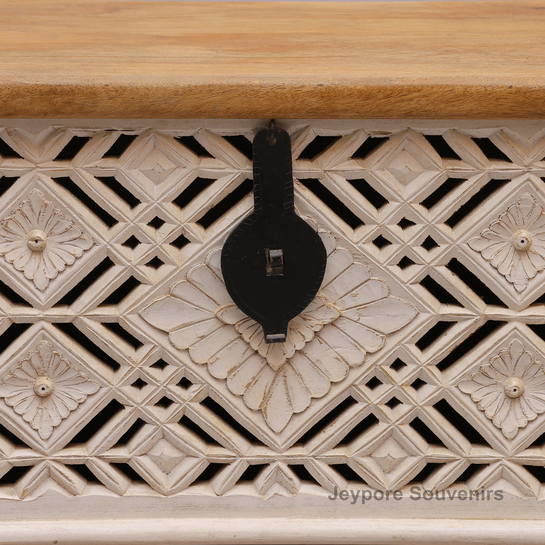 Handcrafted Whitewashed Wooden Trunk Chest with Geometric Carved Front