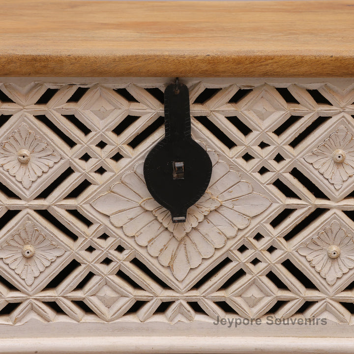 Handcrafted Whitewashed Wooden Trunk Chest with Geometric Carved Front