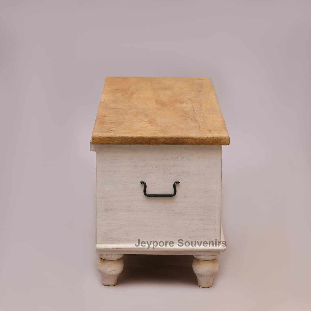 Handcrafted Whitewashed Wooden Trunk Chest with Geometric Carved Front