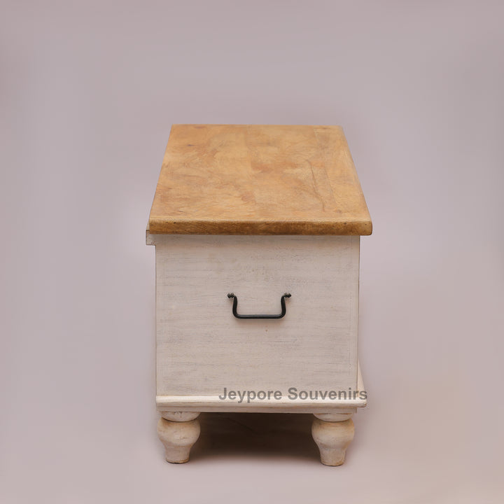 Handcrafted Whitewashed Wooden Trunk Chest with Geometric Carved Front