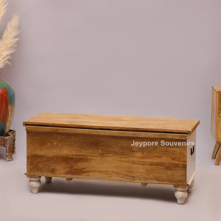 Handcrafted Whitewashed Wooden Trunk Chest with Geometric Carved Front