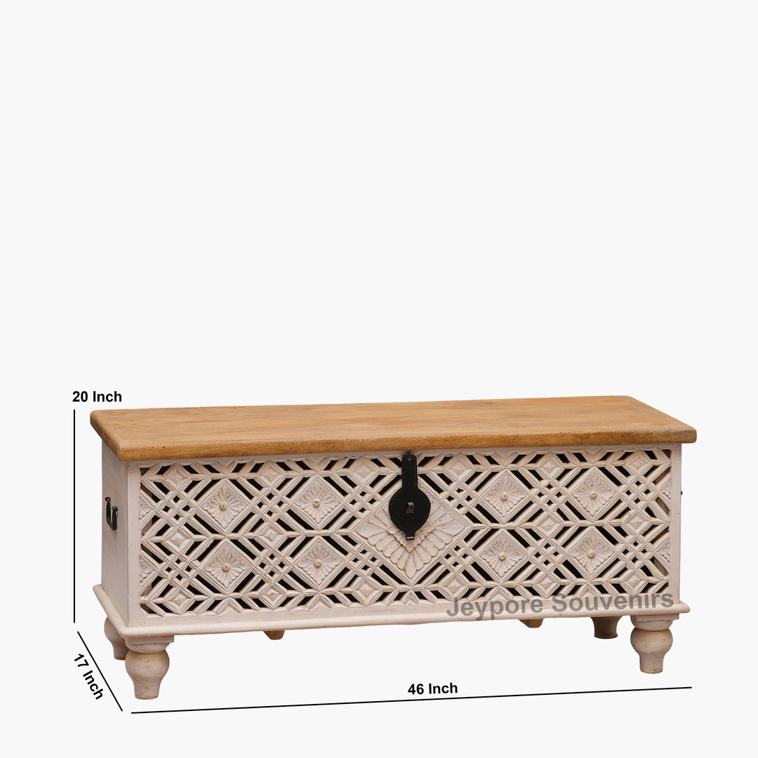 Handcrafted Whitewashed Wooden Trunk Chest with Geometric Carved Front