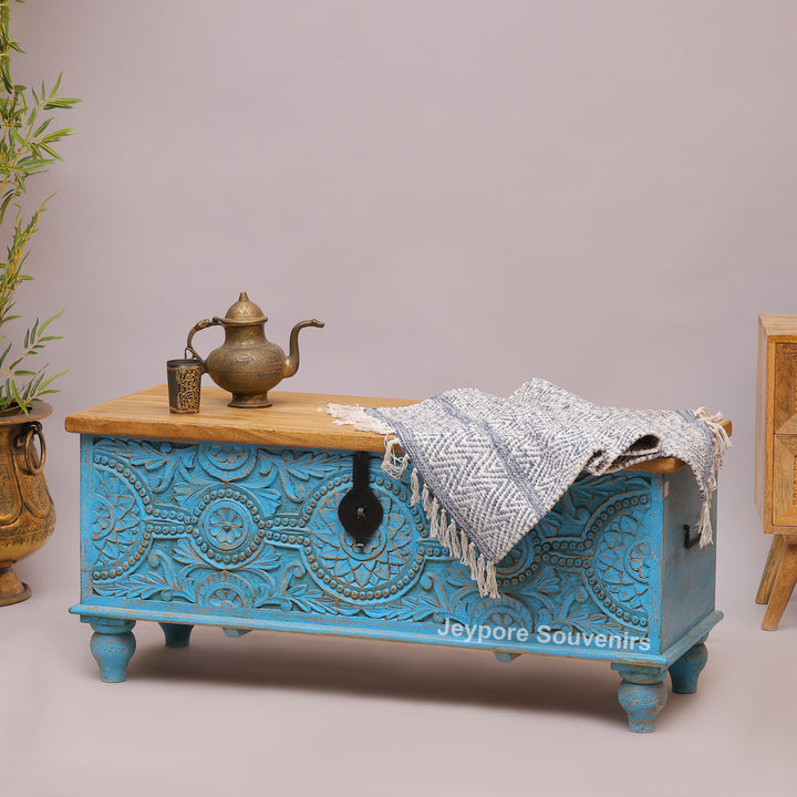 Hand-Carved Wooden Storage Trunk With Turquoise Blue Detailing