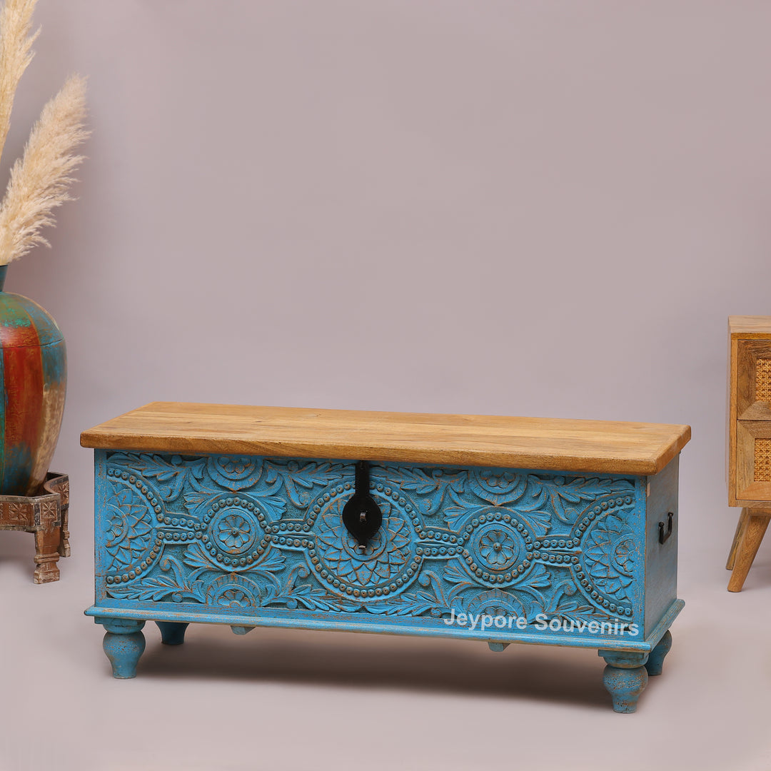 Hand-Carved Wooden Storage Trunk With Turquoise Blue Detailing