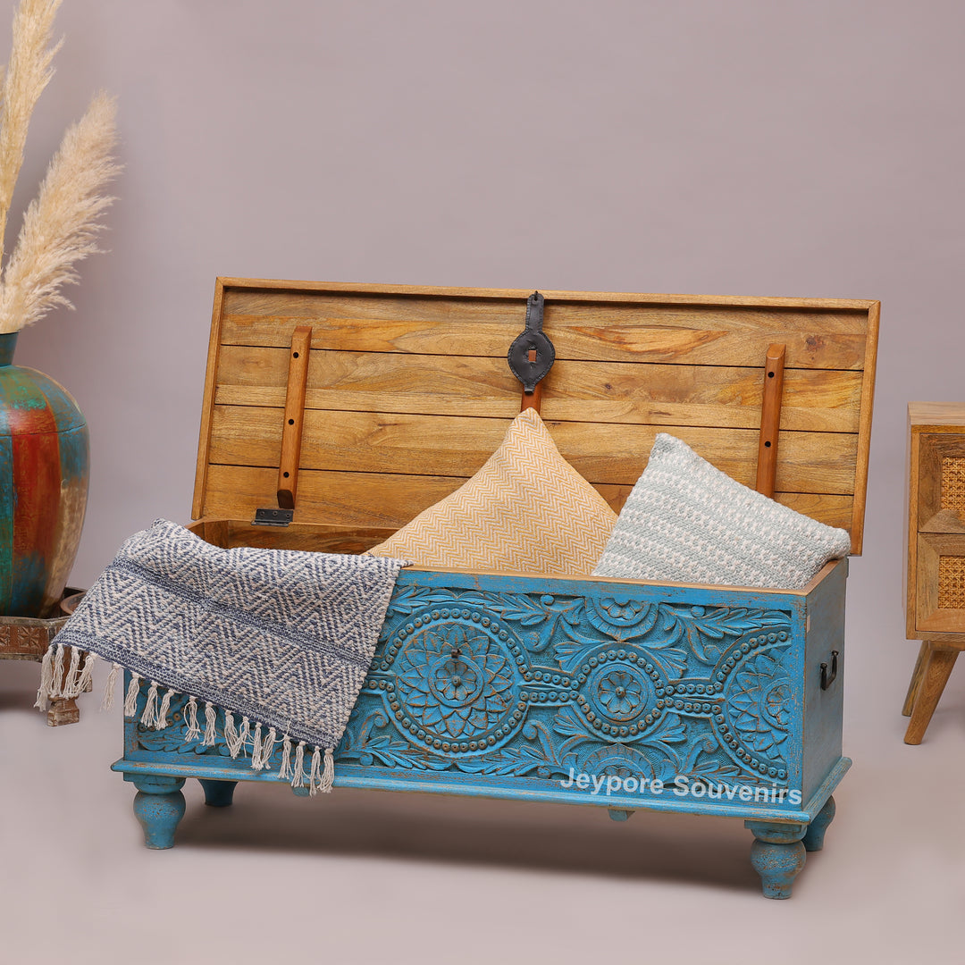 Hand-Carved Wooden Storage Trunk With Turquoise Blue Detailing