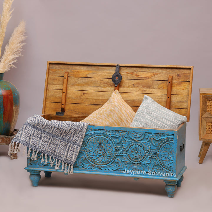 Hand-Carved Wooden Storage Trunk With Turquoise Blue Detailing