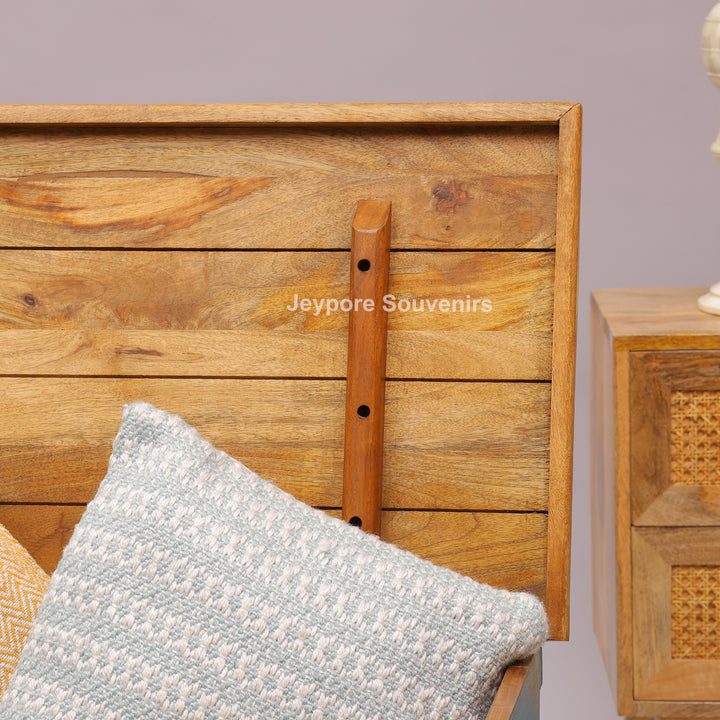 Hand-Carved Wooden Storage Trunk With Turquoise Blue Detailing