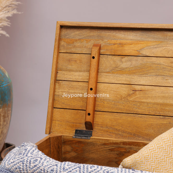 Hand-Carved Wooden Storage Trunk With Turquoise Blue Detailing