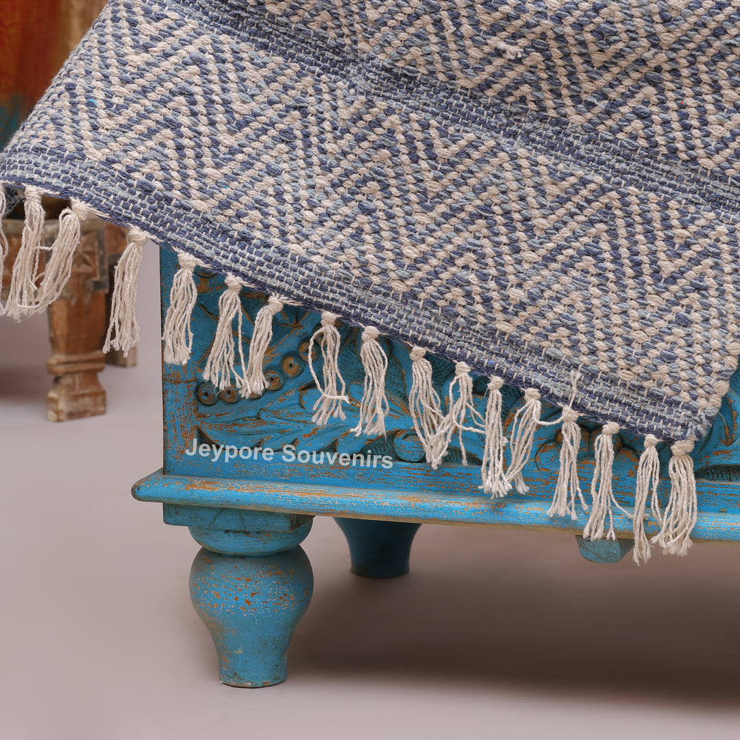 Hand-Carved Wooden Storage Trunk With Turquoise Blue Detailing