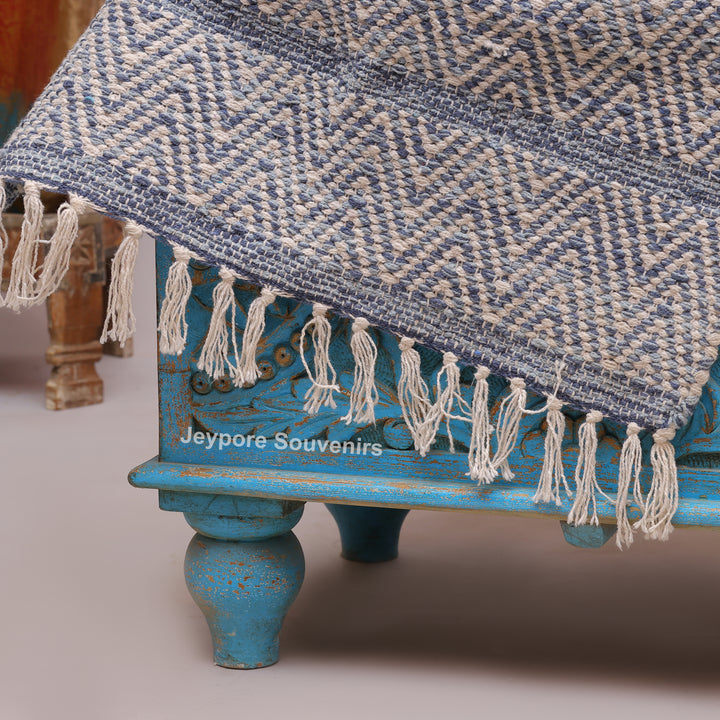 Hand-Carved Wooden Storage Trunk With Turquoise Blue Detailing