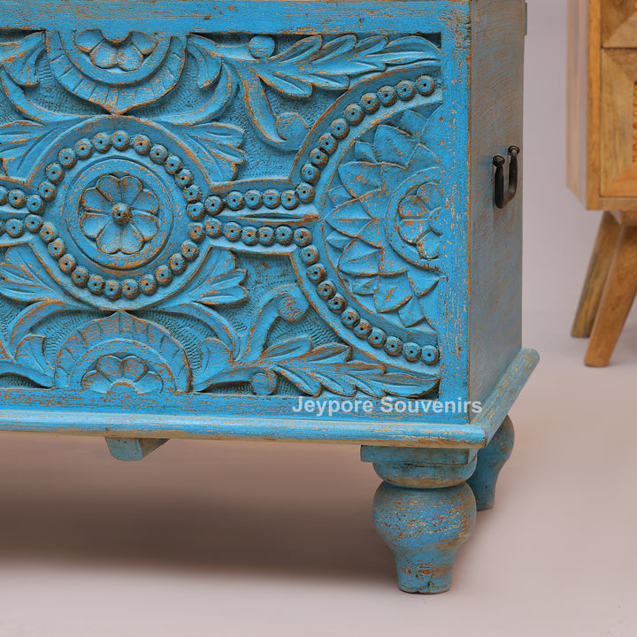 Hand-Carved Wooden Storage Trunk With Turquoise Blue Detailing