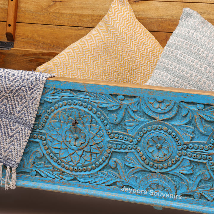 Hand-Carved Wooden Storage Trunk With Turquoise Blue Detailing