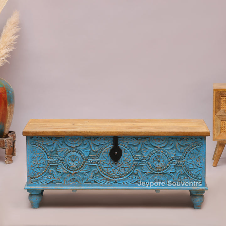 Hand-Carved Wooden Storage Trunk With Turquoise Blue Detailing