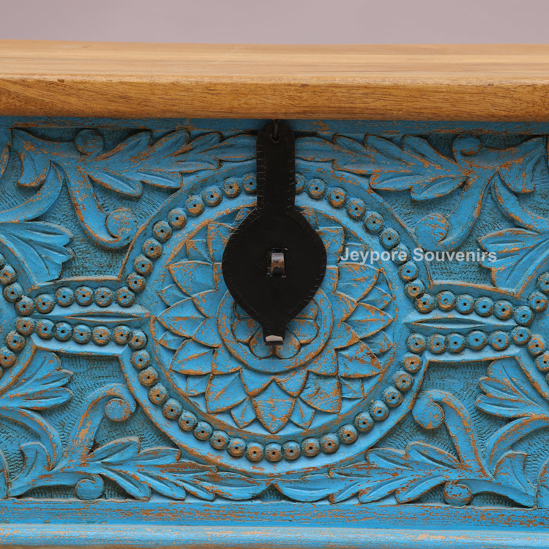Hand-Carved Wooden Storage Trunk With Turquoise Blue Detailing