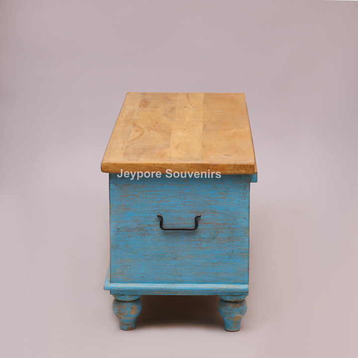 Hand-Carved Wooden Storage Trunk With Turquoise Blue Detailing