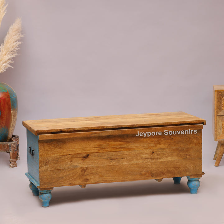 Hand-Carved Wooden Storage Trunk With Turquoise Blue Detailing