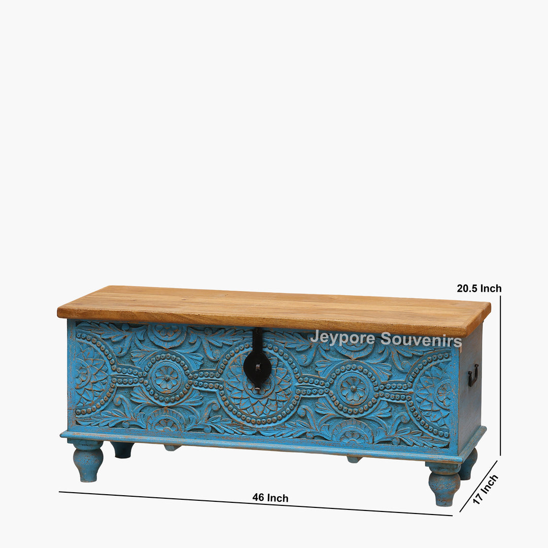 Hand-Carved Wooden Storage Trunk With Turquoise Blue Detailing