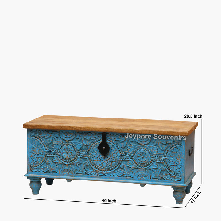Hand-Carved Wooden Storage Trunk With Turquoise Blue Detailing