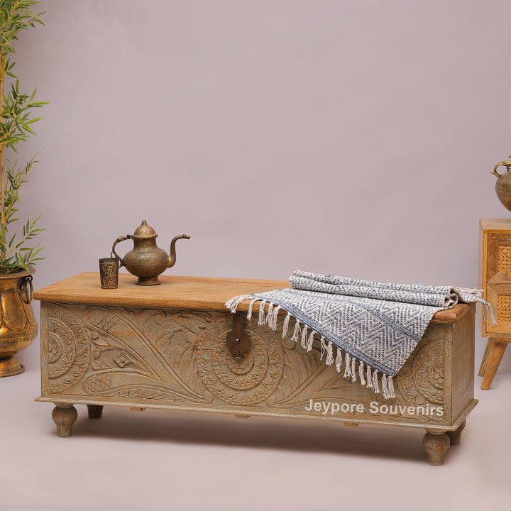 Hand-Carved Wooden Storage Trunk with Floral Panel