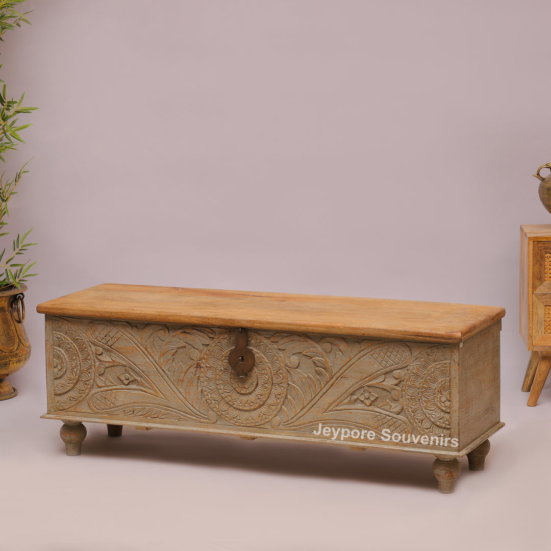 Hand-Carved Wooden Storage Trunk with Floral Panel